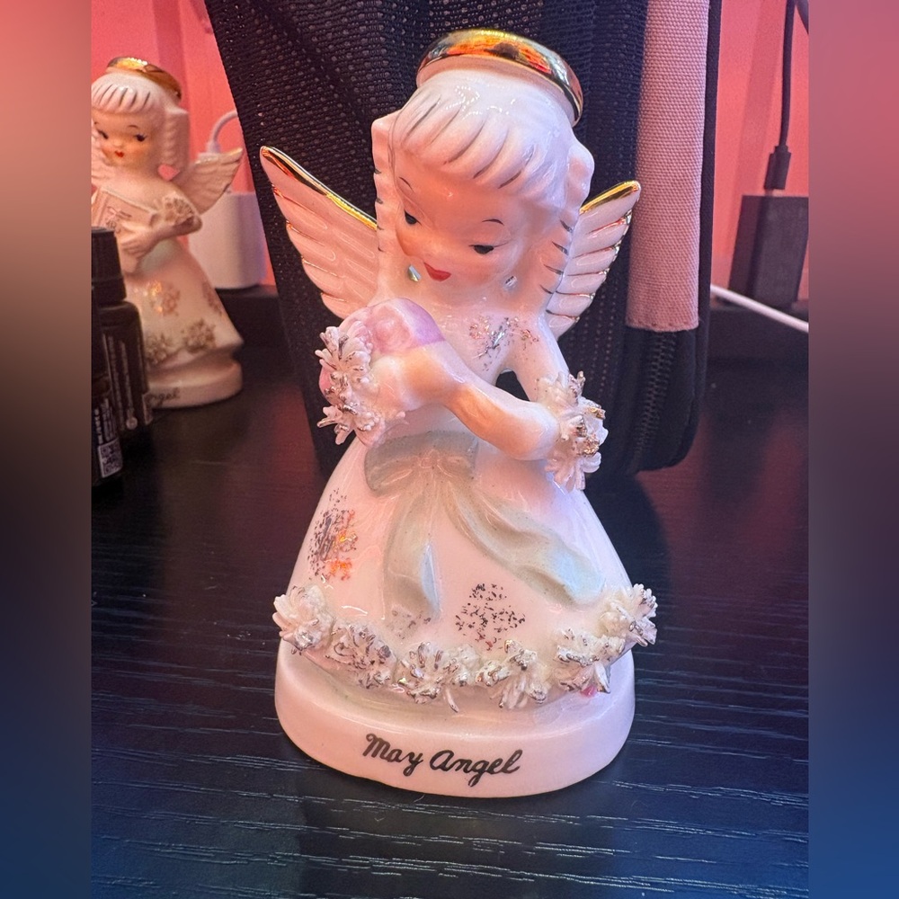 Vintage Birth Month May Angel W Halo Girl Figurine Pink Flowers Napco Japan Read